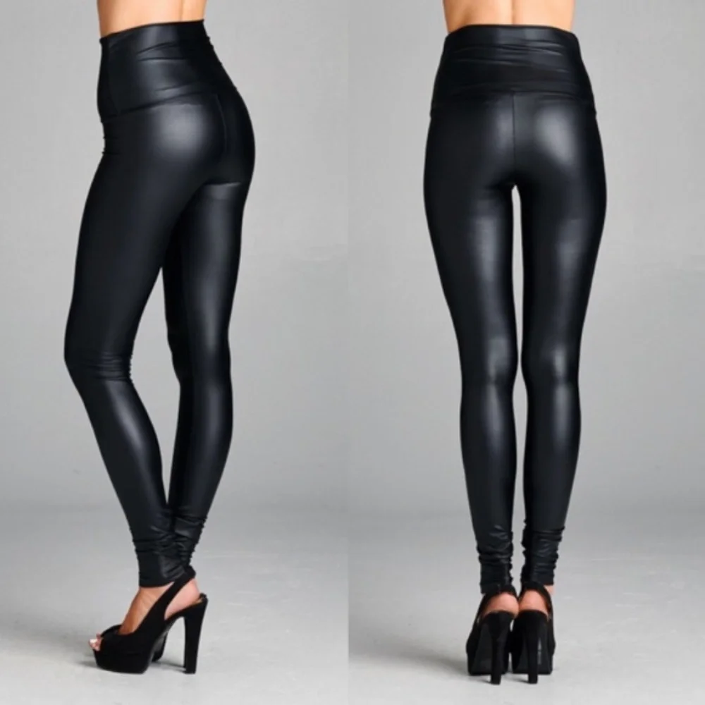 High waisted fold over leather Leggings Black Matte - Picture 2 of 4